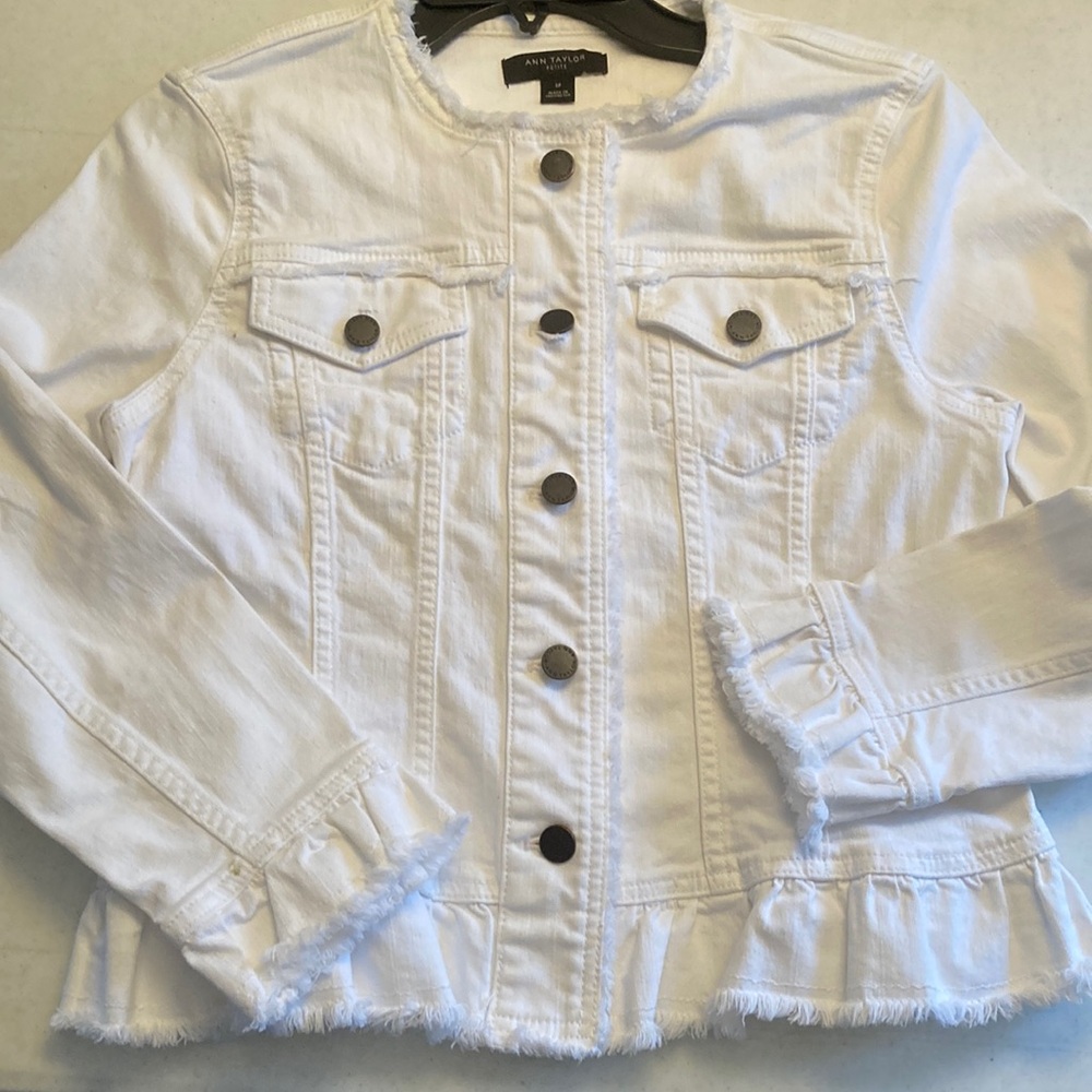 Ann Taylor White Denim Jacket with Frayed Trim